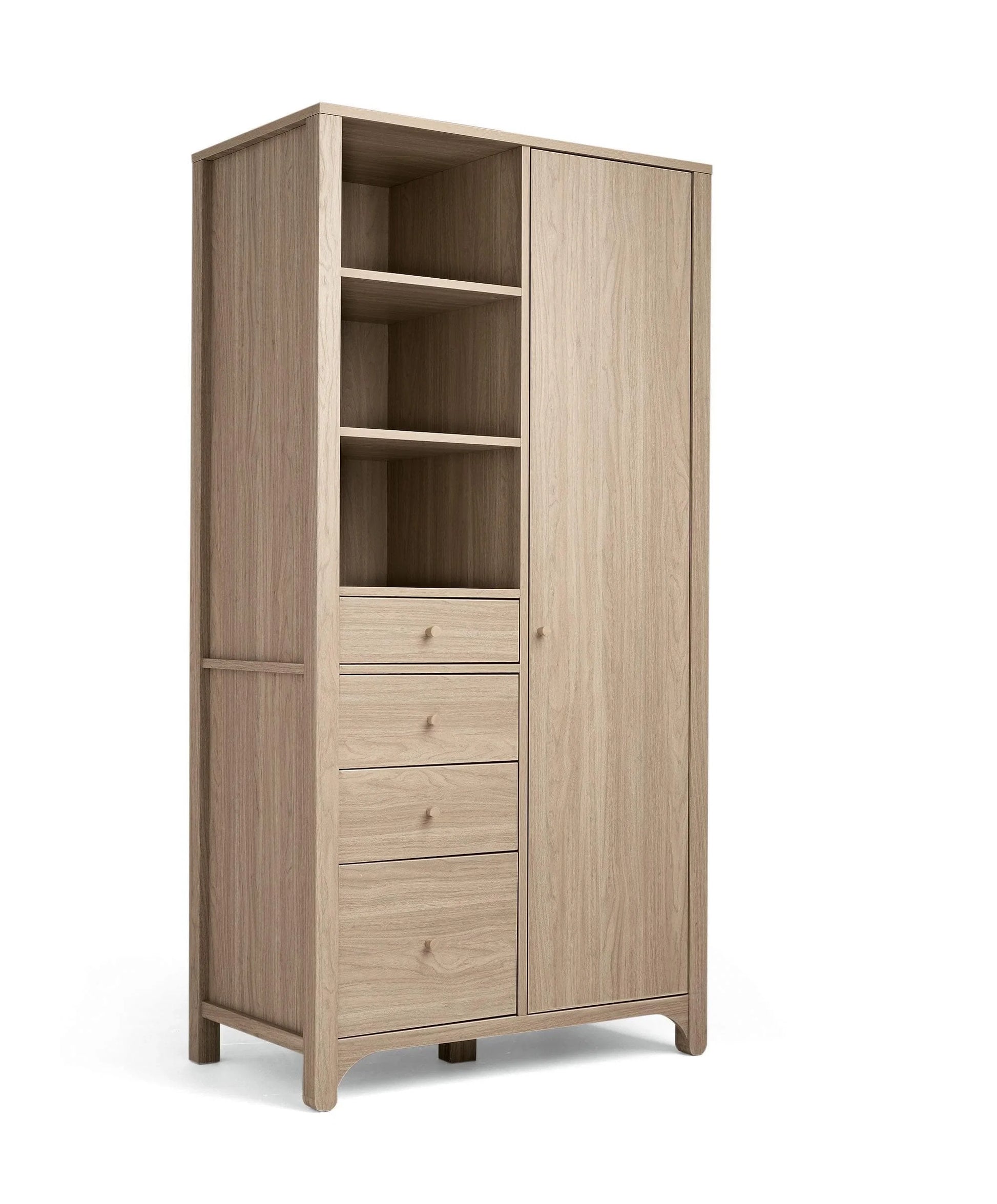 Oak wardrobe cabinet with open storage and three stacked drawers