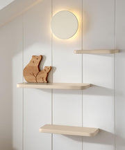 Wall-mounted bear shelf set with two floating shelves and bear figurines in wood tones