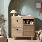 Light oak dresser changer with two drawers and open ribbed storage compartments