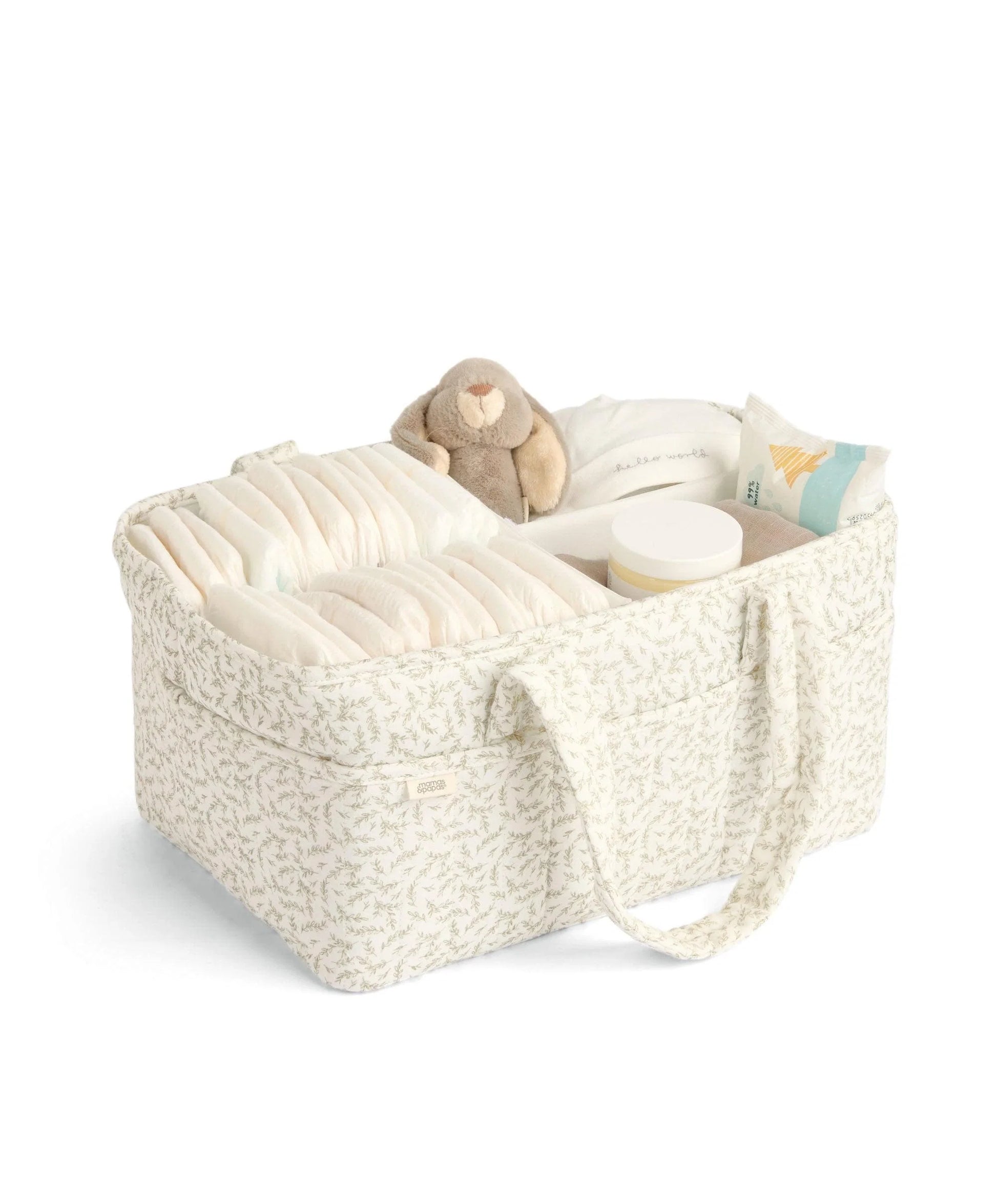 Beige leaf-pattern nappy caddy with padded sides, open top organizer and handles