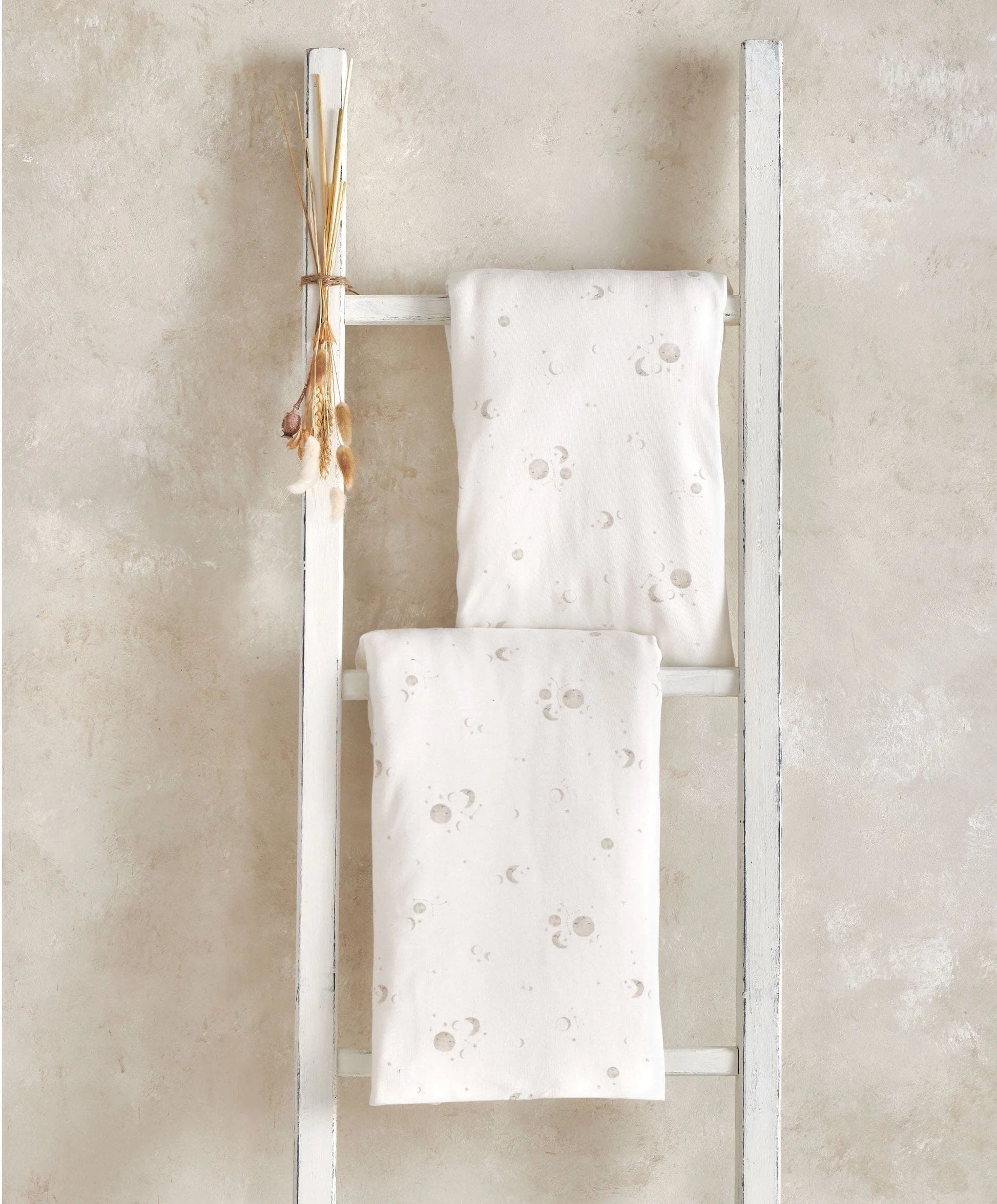 White cot fitted sheets set of 2 with subtle celestial print, elastic corners