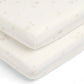 White cot fitted sheet corner with celestial dot print and elastic border