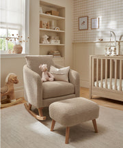 Fawn boucle nursing chair with matching ottoman stool, high back and cushioned arms
