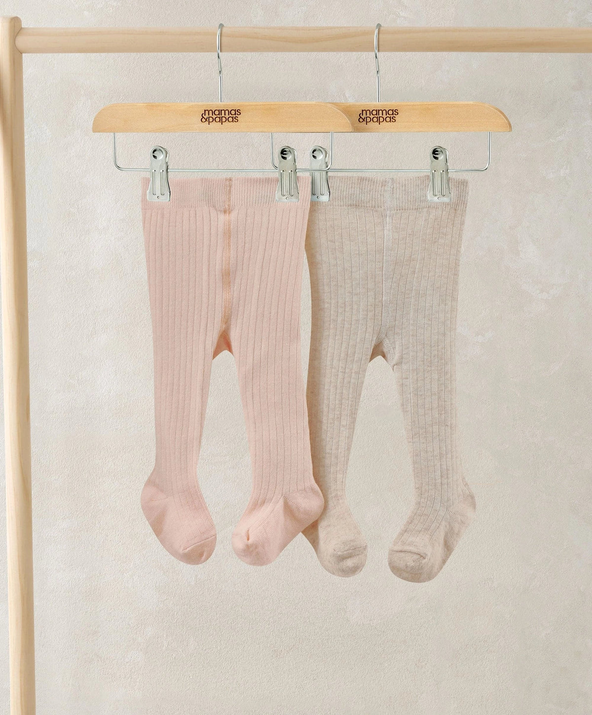 Ribbed tights 2-pack, blush pink and light beige, footed knit