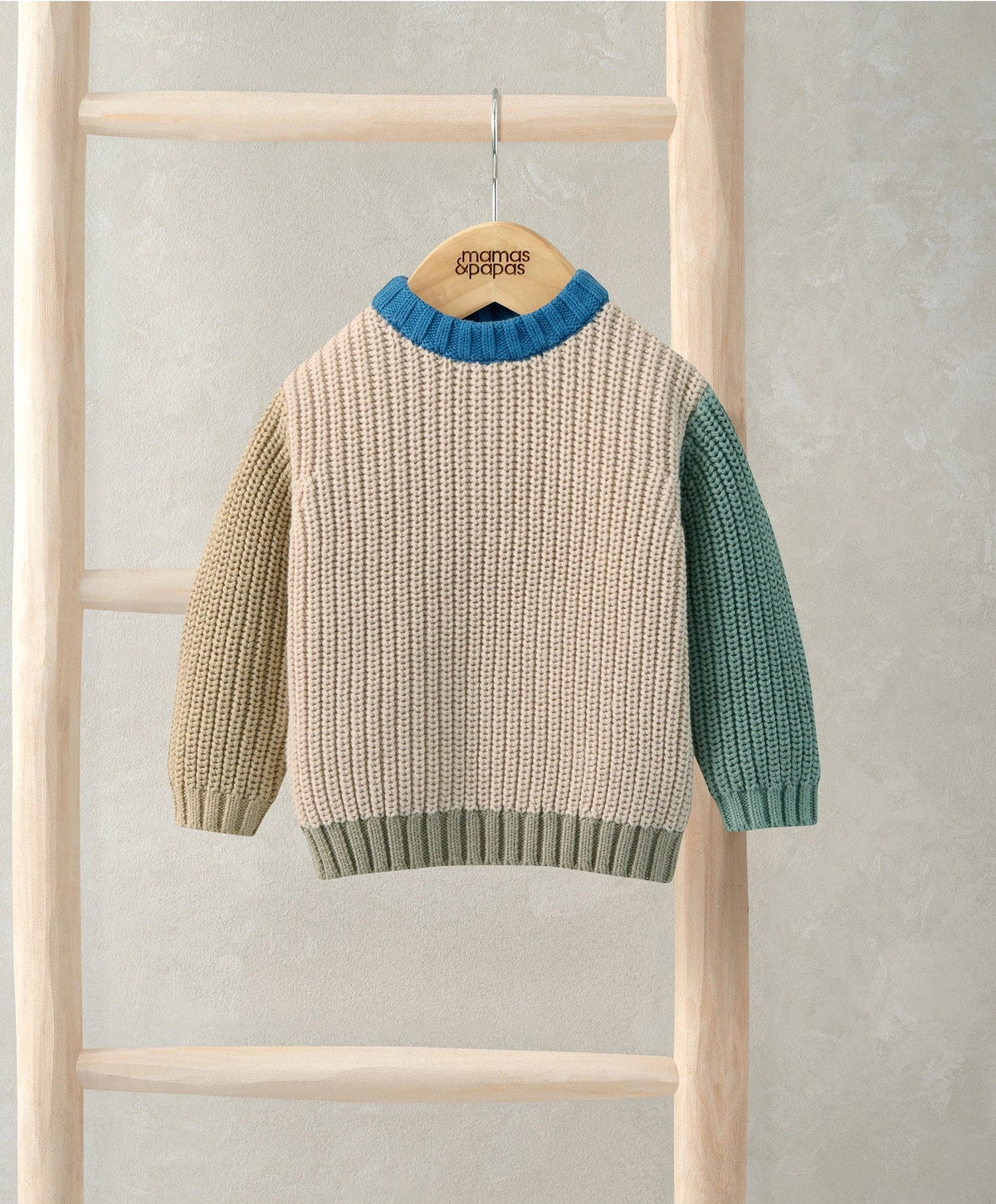 Knitted colour block jumper with blue and green sleeves, ribbed hem and cuffs