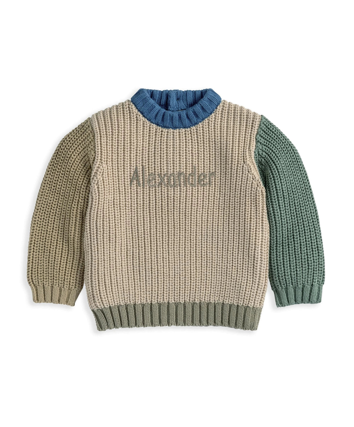 Knitted colour block jumper, cream knit with blue yoke and green sleeves