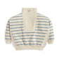 Off-white funnel neck jumper with blue horizontal stripes and half-zip front