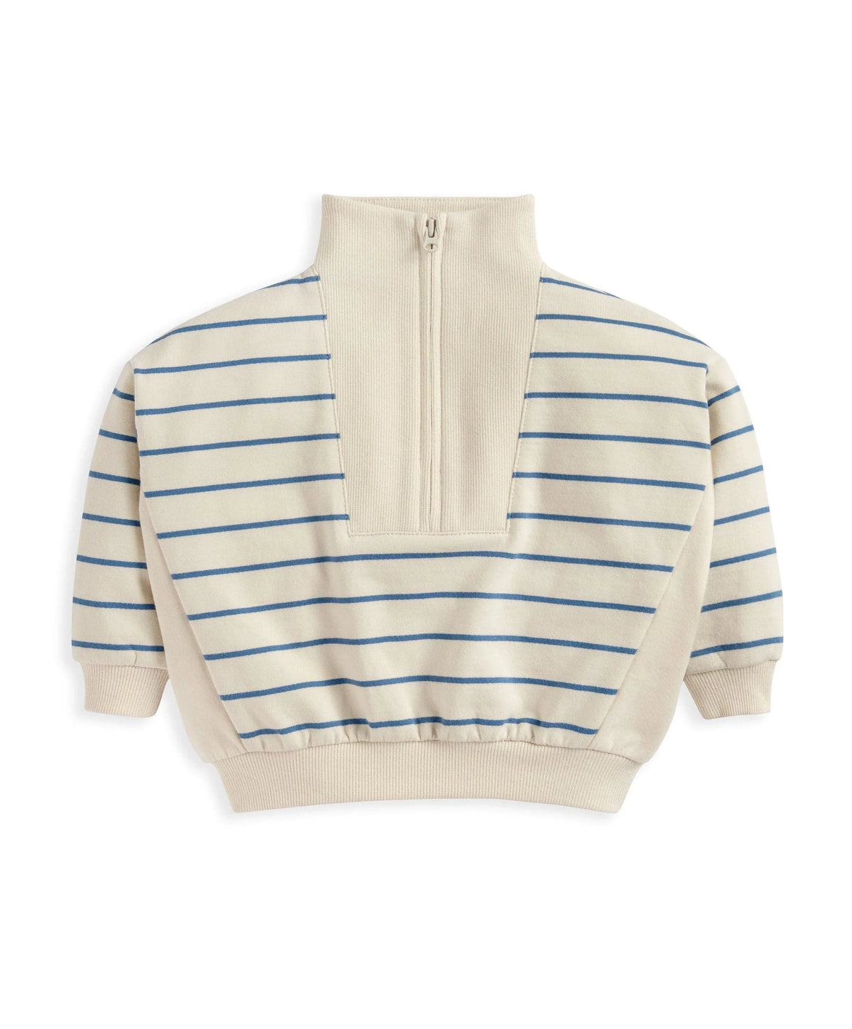 Off-white funnel neck jumper with blue horizontal stripes and half-zip front