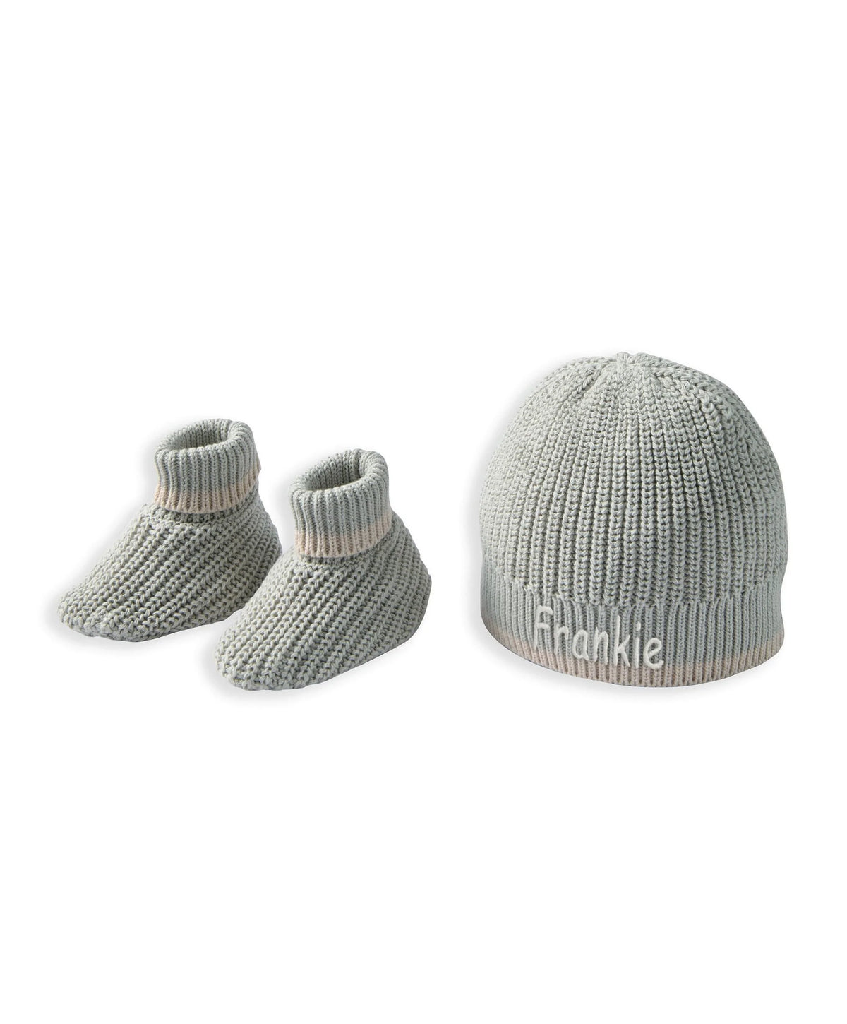 Gray knitted baby beanie with ribbed brim and matching knit booties