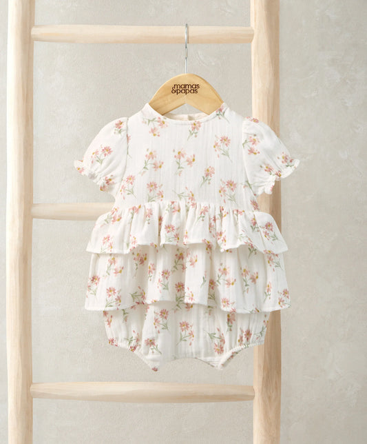 Peplum shortie romper on hanger, white floral print, tiered ruffles, short sleeves
