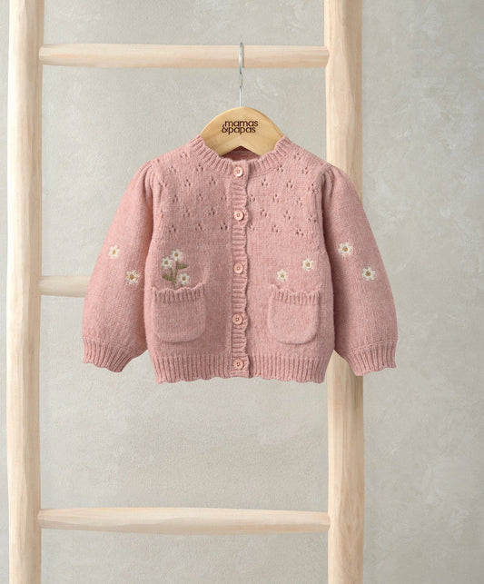 Pink knit cardigan with daisy embroidery, button front and two patch pockets
