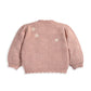 Back of pink daisy cardigan with ribbed collar and three small flower motifs