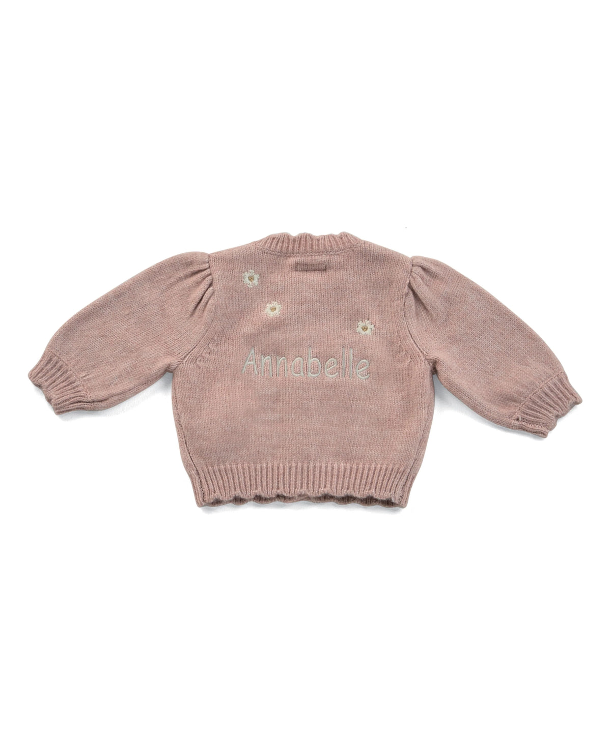 Back pink knit cardigan with embroidered name Annabelle and daisy accents