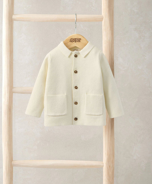 Cream collared knitted cardigan with button front and two front patch pockets