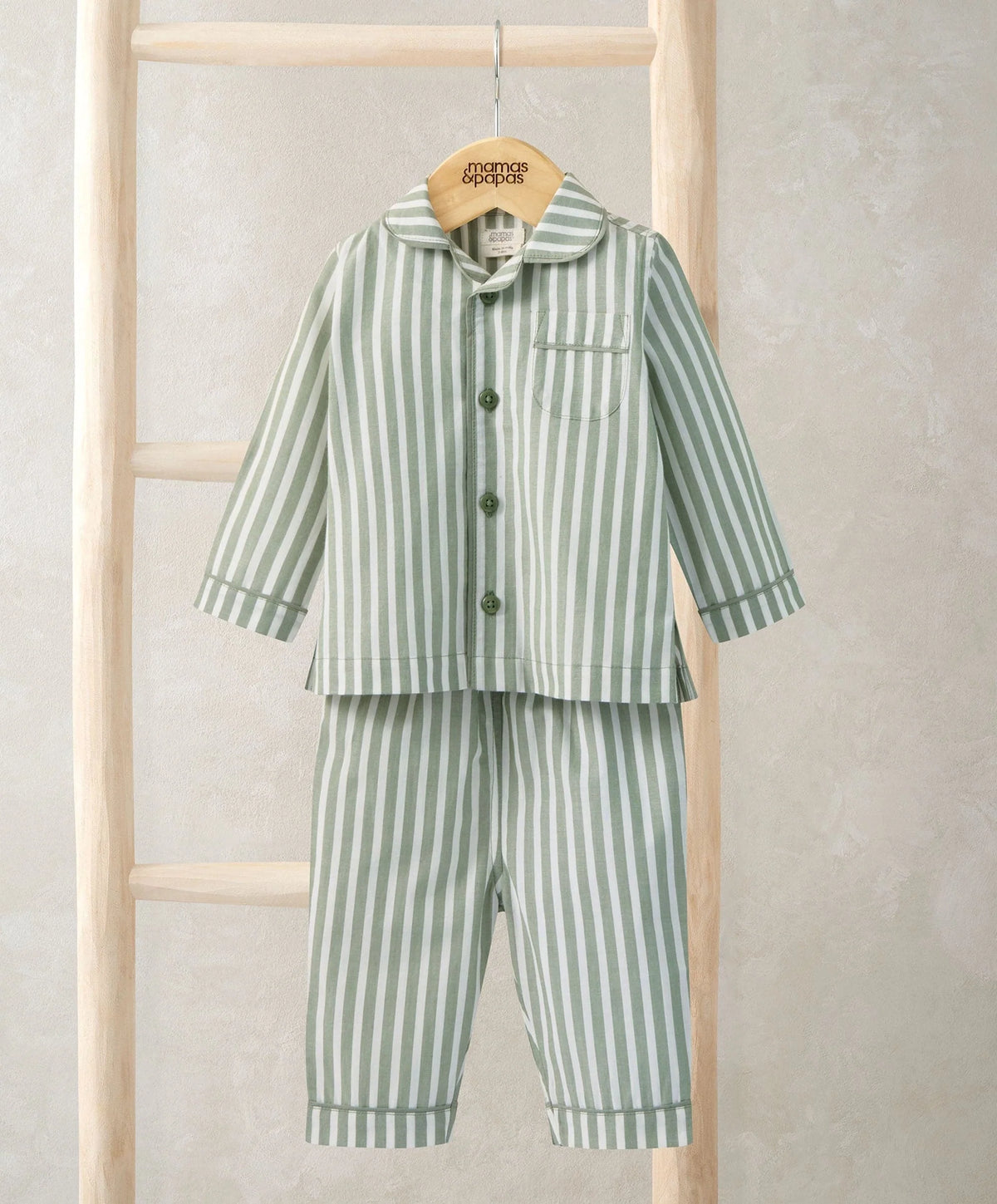 Green and white striped pajama shirt and matching knee-length pants, button front