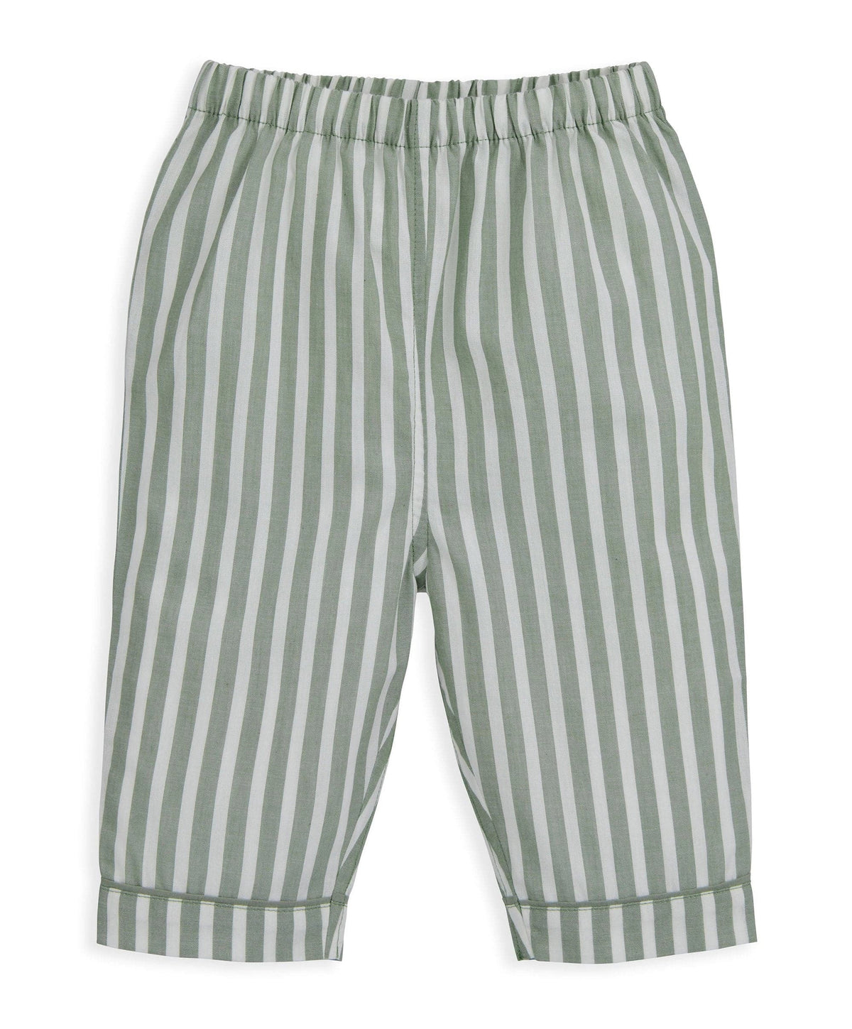 Green and white striped woven knee-length pajama pants with elastic waist
