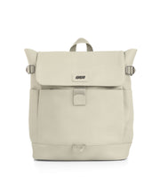 Light beige utilitarian backpack with front flap pocket and adjustable side straps