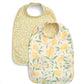 Baby scoop bibs set, yellow floral and lemon-pattern front with snap closure