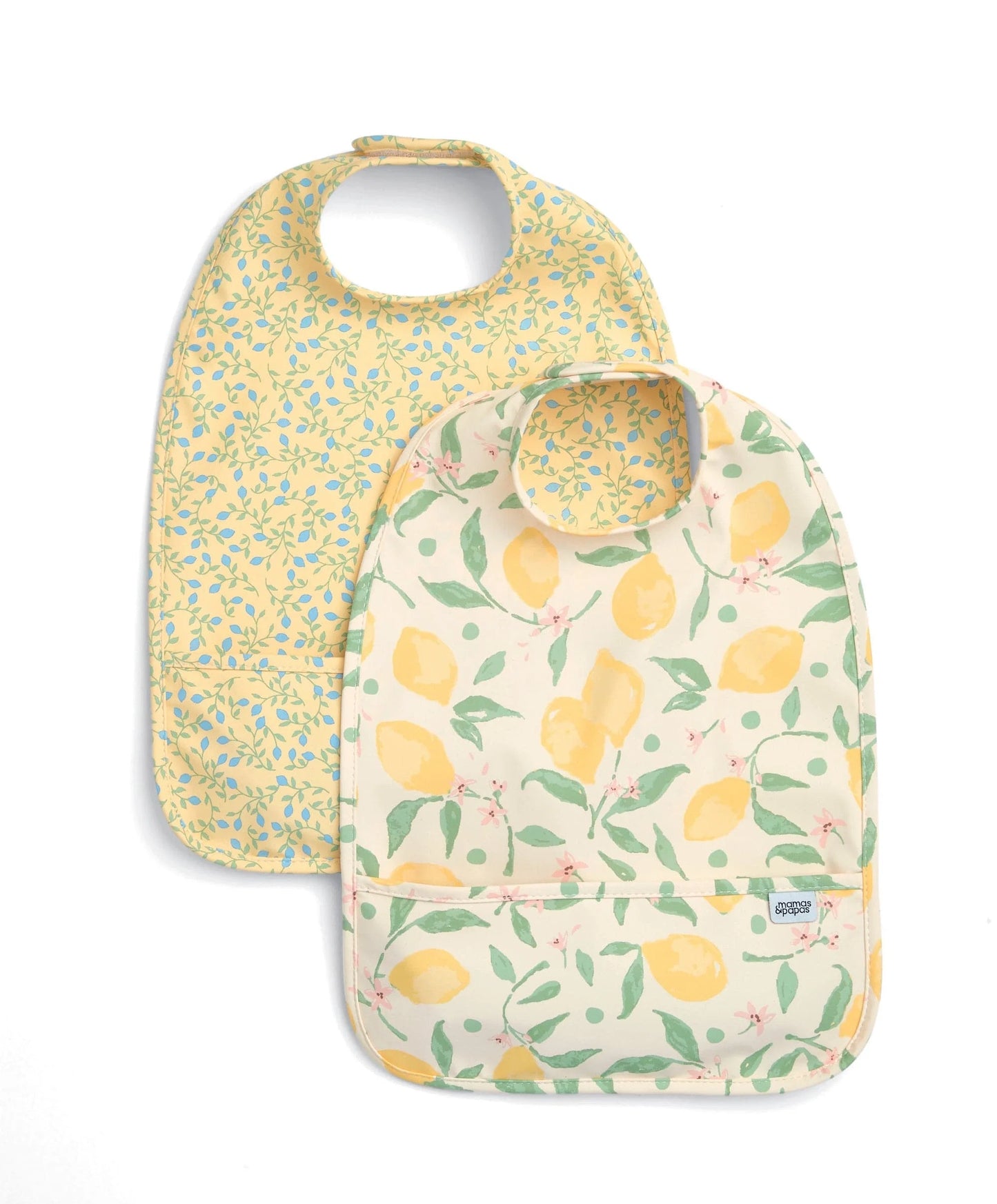 Baby scoop bibs set, yellow floral and lemon-pattern front with snap closure