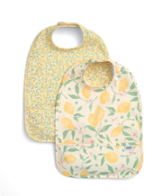 Baby scoop bibs set, yellow floral and lemon-pattern front with snap closure