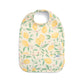 Baby scoop bib with light green lemon and leaf print, snap closure