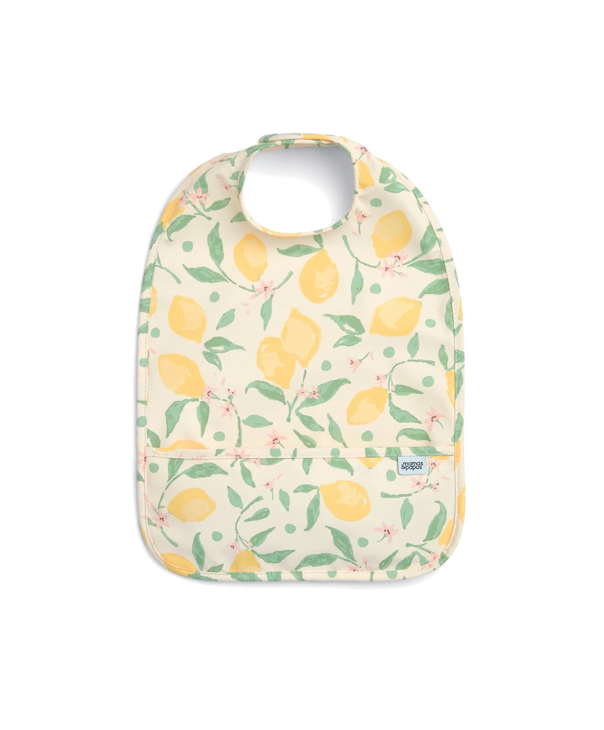 Baby scoop bib with light green lemon and leaf print, snap closure