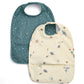 Two baby scoop bibs: teal star-print and cream space-rocket print