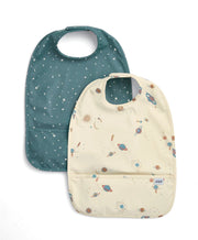 Two baby scoop bibs: teal star-print and cream space-rocket print
