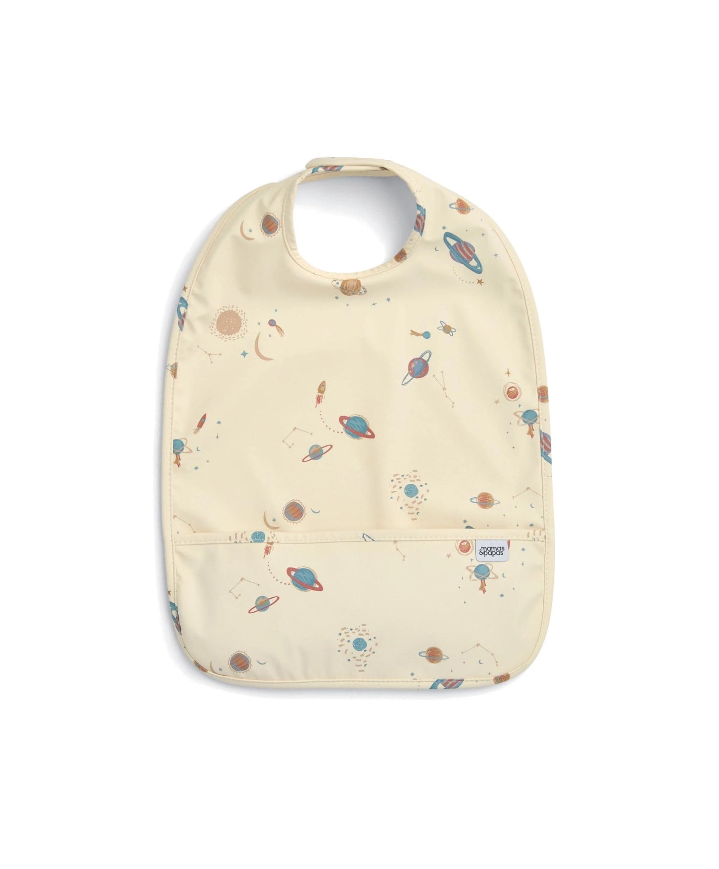 Cream baby scoop bib with space-rocket and planet print