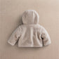 Cream hooded borg jacket, full back view with teddy-pile texture.