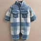 Blue and white fleece pramsuit with zip front and two chest patch pockets