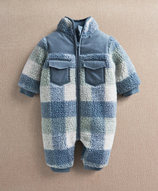 Blue and white fleece pramsuit with zip front and two chest patch pockets