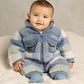 Blue and white fleece pramsuit with zip front, hood, and patch pockets