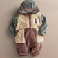 Color-block pramsuit with hooded front and buttoned zipper, gray sleeves, beige and plum panels