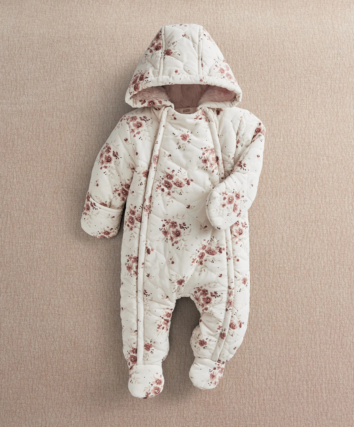 Ditsy print pramsuit with hood, off-white fabric and small pink floral pattern