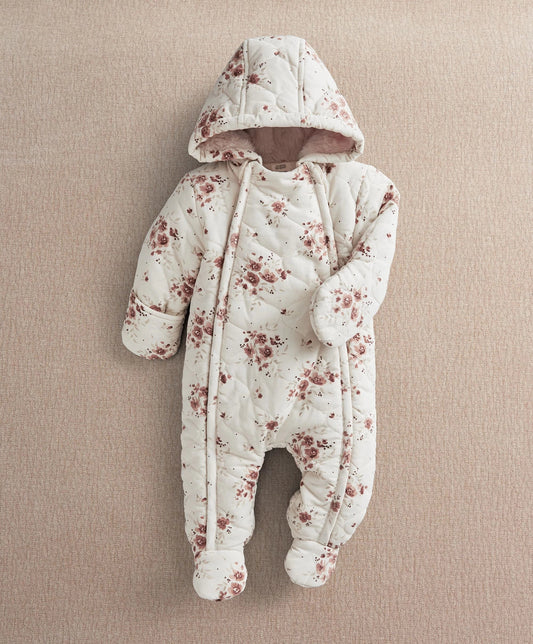 Ditsy print pramsuit with hood, off-white fabric and small pink floral pattern