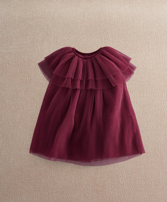 Burgundy pleated cape dress with short flutter overlay