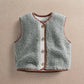 Borg gilet vest flat lay in light green-gray fleece with brown trim and button placket