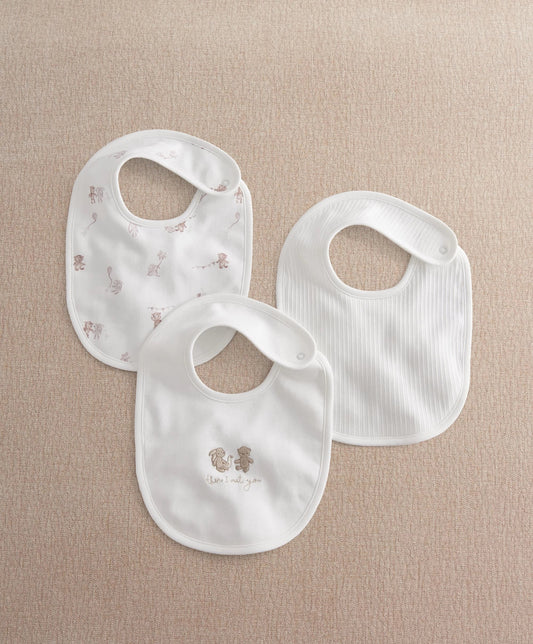 Three white baby bibs with brown animal prints, ribbed bib opening and snap fasteners