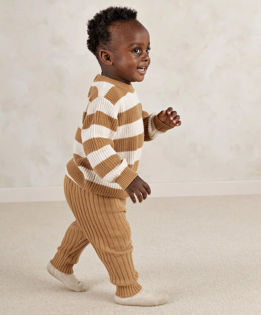 Kids striped knitted jumper and leggings set, tan and white, long sleeves and cuffs