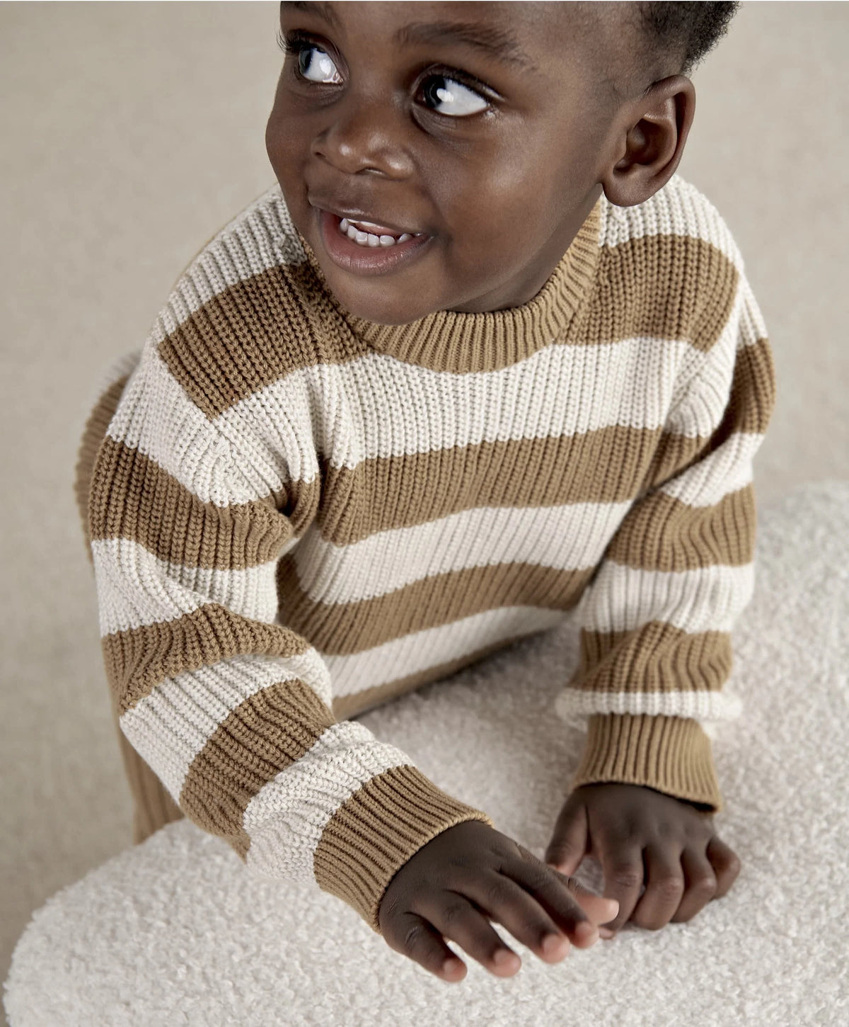 Kids striped knitted jumper and leggings set, tan and white stripes, long sleeves