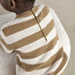Striped knitted kids jumper and leggings set, tan and white stripes, close back view