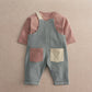 Color-block dungaree outfit set: gray overalls with square pockets, pink long-sleeve top