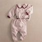 Light pink embroidered knit set, floral trim, maroon collar and cuffs