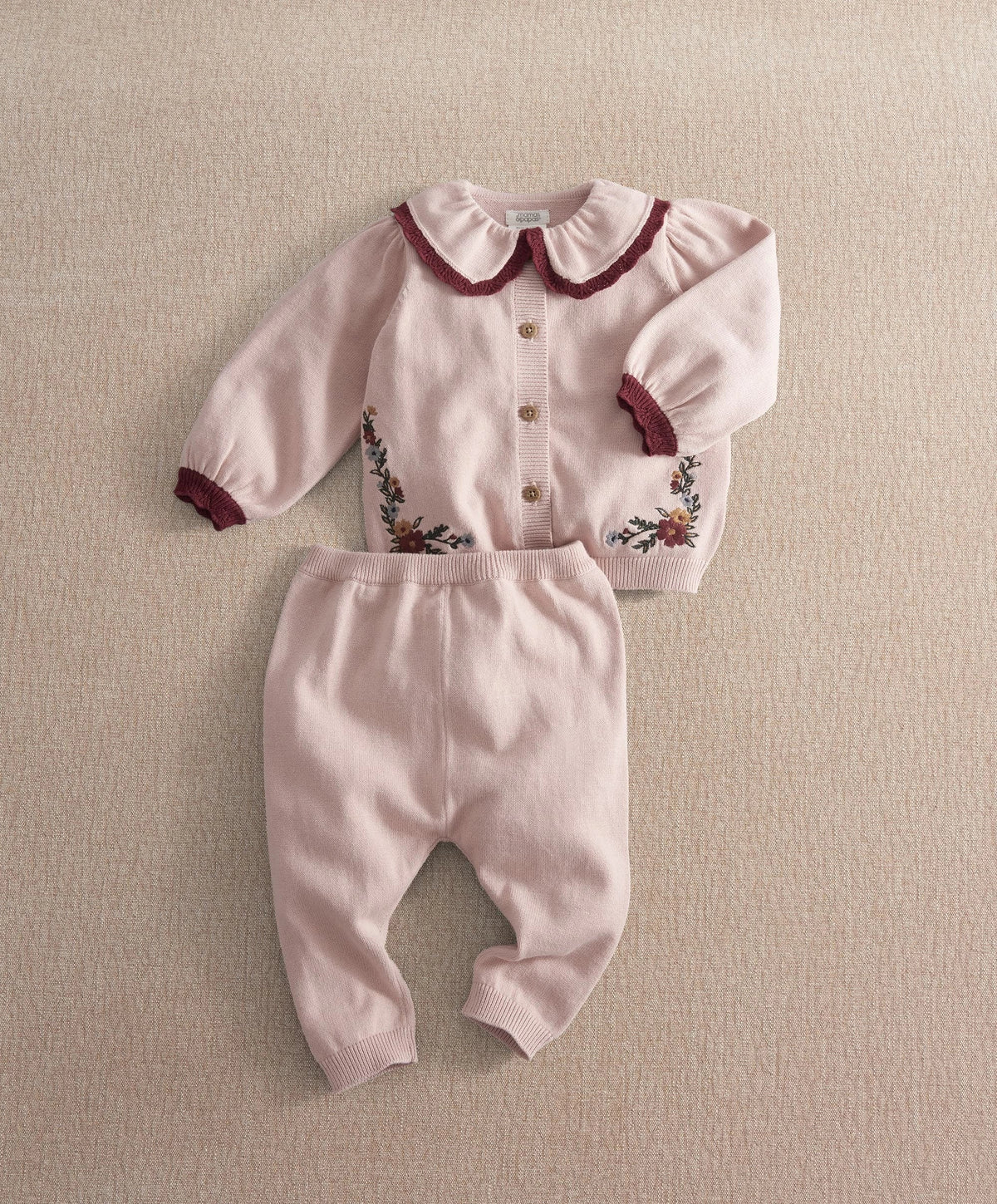 Light pink embroidered knit set, floral trim, maroon collar and cuffs