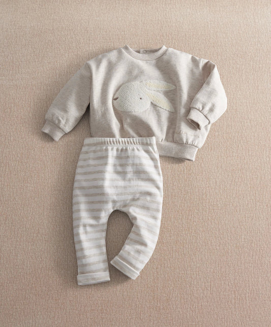 Light gray sweatshirt and striped leggings set with bunny graphic, ribbed cuffs and waistband