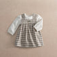 Kids gingham dress and white long-sleeve bodysuit set, tan plaid with ruffled front