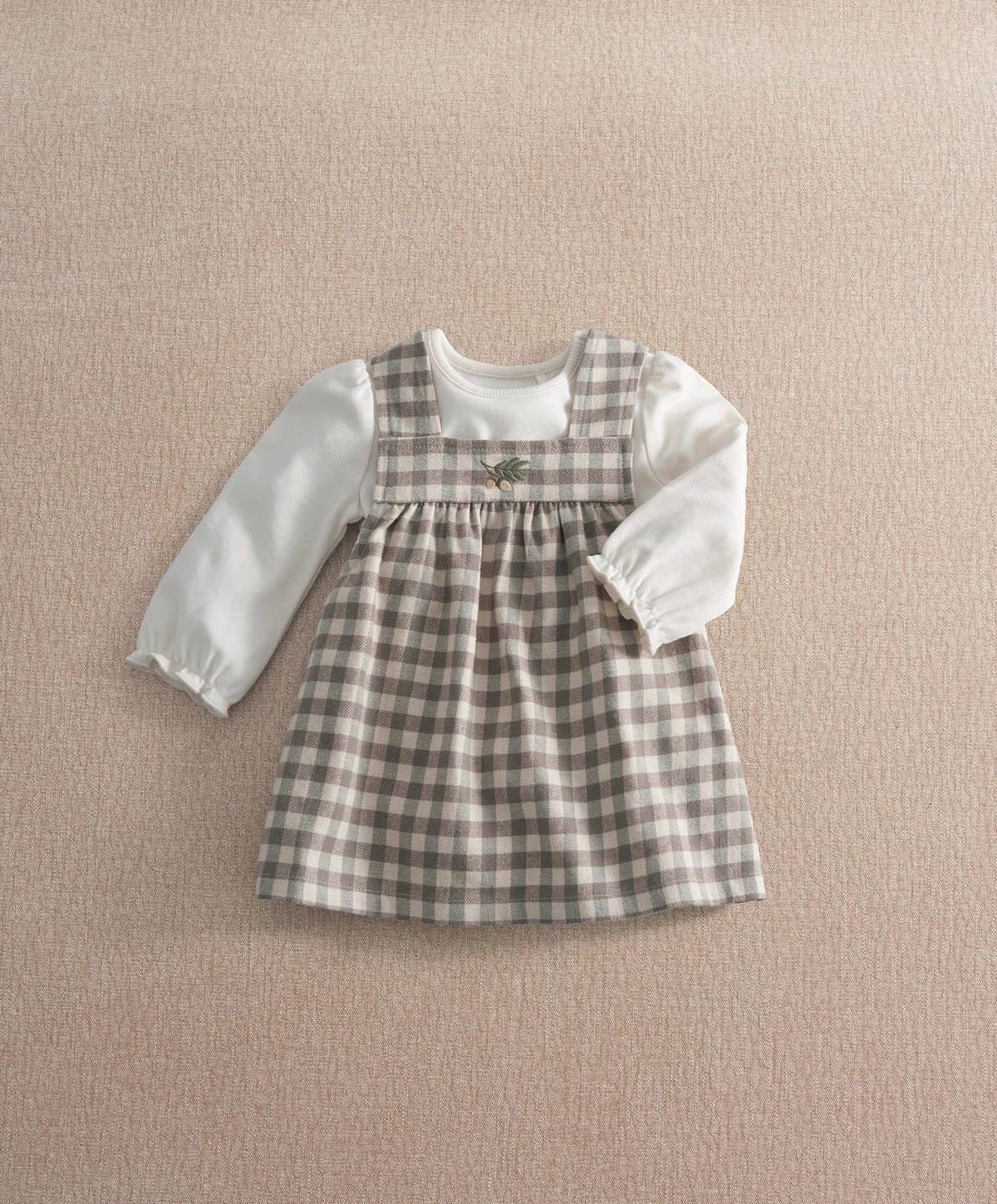 Kids gingham dress and white long-sleeve bodysuit set, tan plaid with ruffled front
