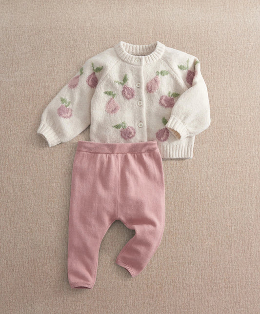 Knit cardigan and leggings set: off-white floral cardigan, pink leggings