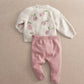 Knit cardigan and leggings set, off-white floral knit, pink leggings